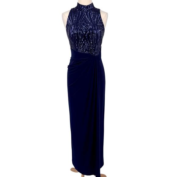 Lauren Ralph Lauren Sequin Mock Neck Evening Gown Navy Sz 12 Formal Maxi $240 - Picture 4 of 16